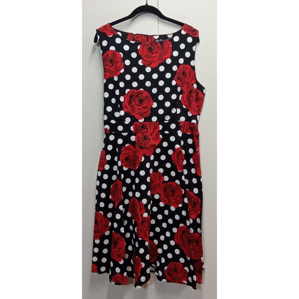 Owin Womens Black/White/Red Rose Polka Dot Dress w/attached belt zip (Size XL)